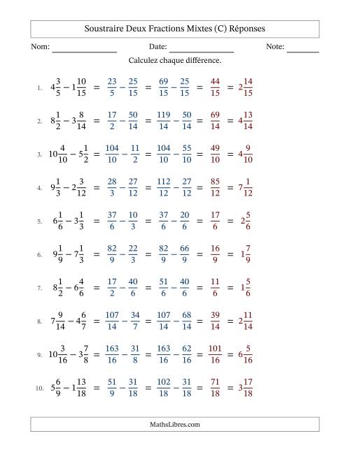 Soustraire deux fractions mixtes avec des dénominateurs similaires, résultats en fractions mixtes, et sans simplification (C) page 2