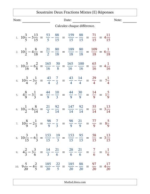 Soustraire deux fractions mixtes avec des dénominateurs similaires, résultats en fractions mixtes, et sans simplification (E) page 2