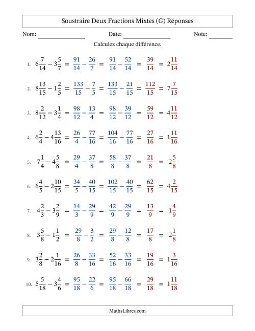 Soustraire deux fractions mixtes avec des dénominateurs similaires, résultats en fractions mixtes, et sans simplification (G) page 2