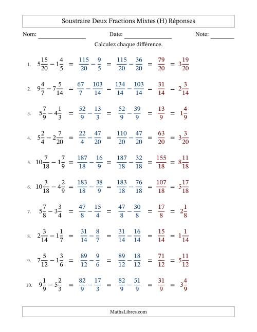 Soustraire deux fractions mixtes avec des dénominateurs similaires, résultats en fractions mixtes, et sans simplification (H) page 2