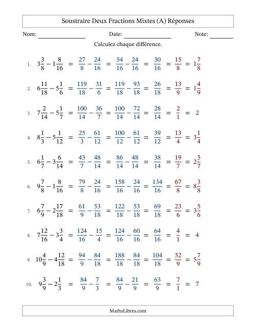 Soustraire deux fractions mixtes avec des dénominateurs similaires, résultats en fractions mixtes, et avec simplification dans tous les problèmes (A) page 2
