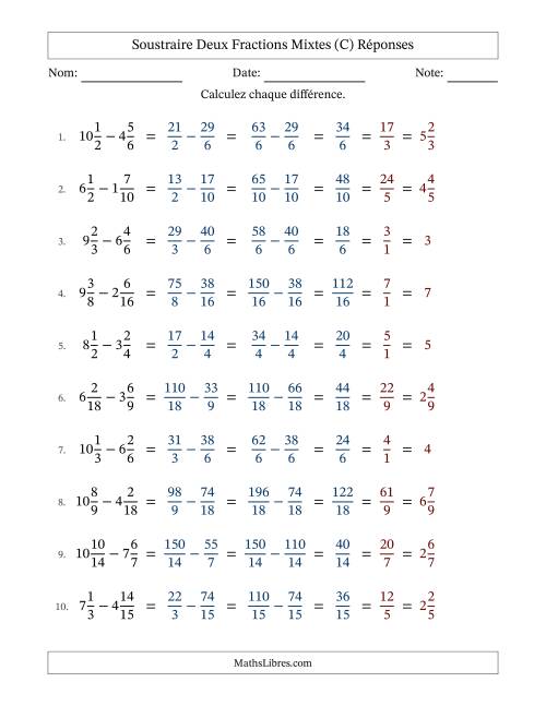 Soustraire deux fractions mixtes avec des dénominateurs similaires, résultats en fractions mixtes, et avec simplification dans tous les problèmes (C) page 2