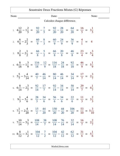 Soustraire deux fractions mixtes avec des dénominateurs similaires, résultats en fractions mixtes, et avec simplification dans tous les problèmes (G) page 2