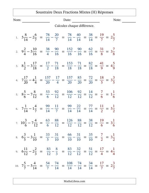 Soustraire deux fractions mixtes avec des dénominateurs similaires, résultats en fractions mixtes, et avec simplification dans tous les problèmes (H) page 2