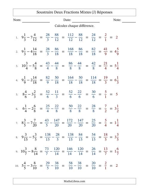 Soustraire deux fractions mixtes avec des dénominateurs similaires, résultats en fractions mixtes, et avec simplification dans tous les problèmes (J) page 2