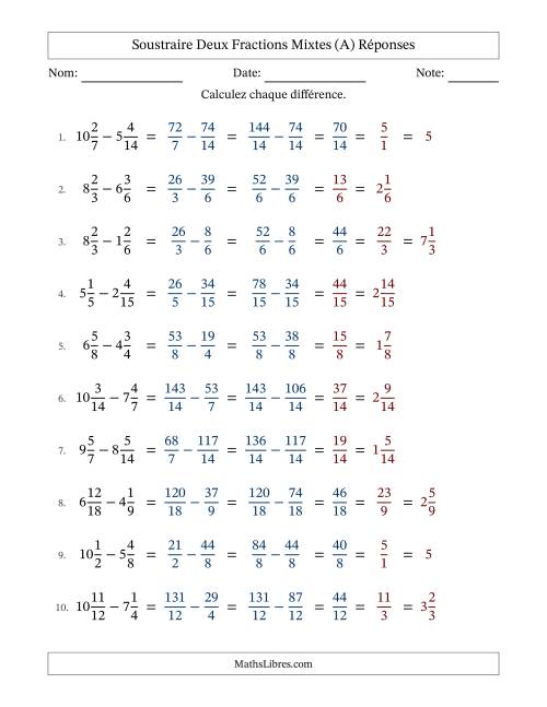 Soustraire deux fractions mixtes avec des dénominateurs similaires, résultats en fractions mixtes, et avec simplification dans quelques problèmes (A) page 2