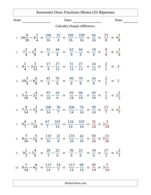Soustraire deux fractions mixtes avec des dénominateurs similaires, résultats en fractions mixtes, et avec simplification dans quelques problèmes (D) page 2