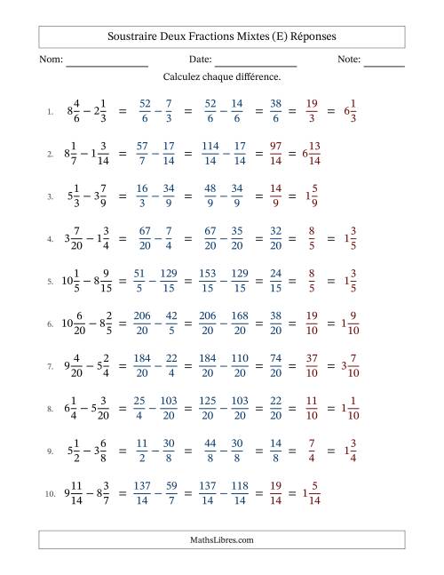 Soustraire deux fractions mixtes avec des dénominateurs similaires, résultats en fractions mixtes, et avec simplification dans quelques problèmes (E) page 2