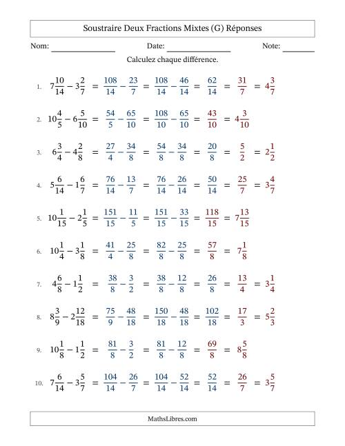 Soustraire deux fractions mixtes avec des dénominateurs similaires, résultats en fractions mixtes, et avec simplification dans quelques problèmes (G) page 2