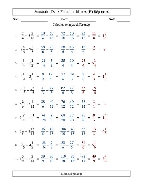 Soustraire deux fractions mixtes avec des dénominateurs similaires, résultats en fractions mixtes, et avec simplification dans quelques problèmes (H) page 2