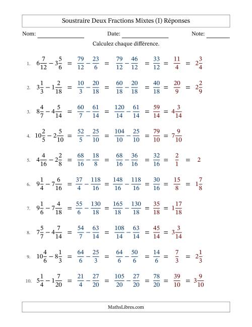 Soustraire deux fractions mixtes avec des dénominateurs similaires, résultats en fractions mixtes, et avec simplification dans quelques problèmes (I) page 2