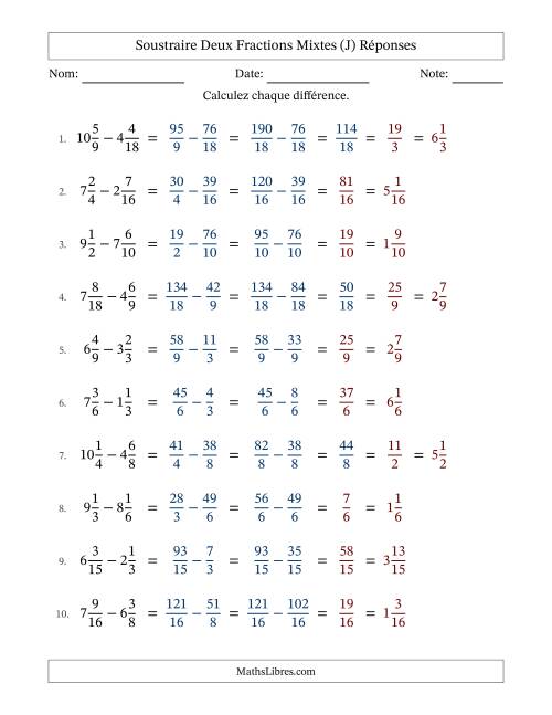Soustraire deux fractions mixtes avec des dénominateurs similaires, résultats en fractions mixtes, et avec simplification dans quelques problèmes (J) page 2