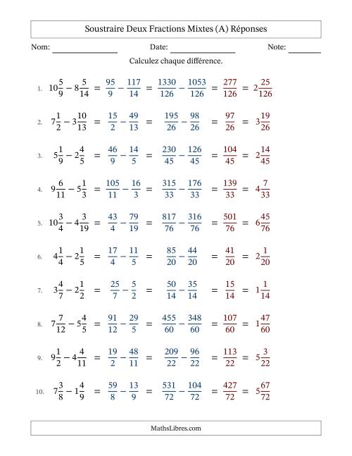 Soustraire deux fractions mixtes avec des dénominateurs différents, résultats en fractions mixtes, et sans simplification (A) page 2