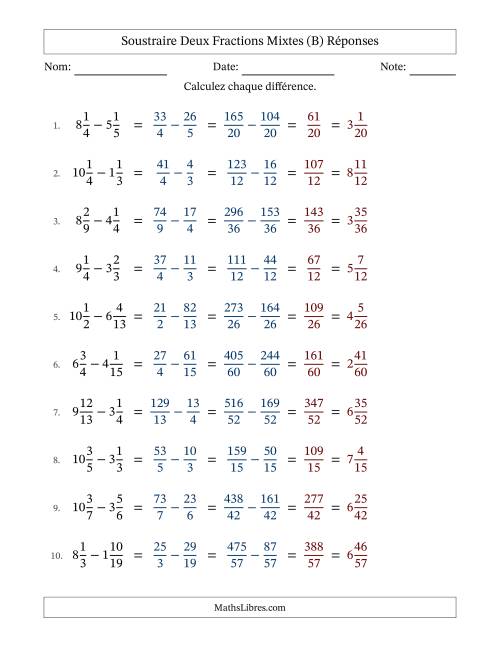 Soustraire deux fractions mixtes avec des dénominateurs différents, résultats en fractions mixtes, et sans simplification (B) page 2