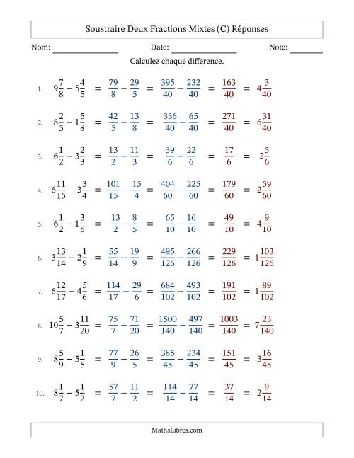 Soustraire deux fractions mixtes avec des dénominateurs différents, résultats en fractions mixtes, et sans simplification (C) page 2