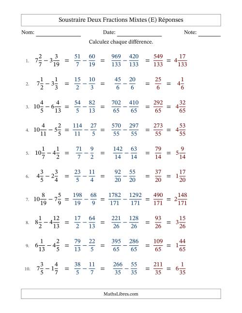 Soustraire deux fractions mixtes avec des dénominateurs différents, résultats en fractions mixtes, et sans simplification (E) page 2