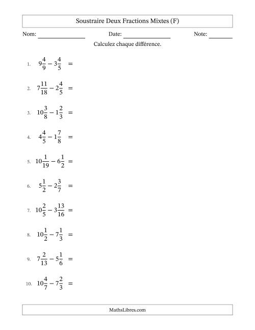 Soustraire deux fractions mixtes avec des dénominateurs différents, résultats en fractions mixtes, et sans simplification (F)