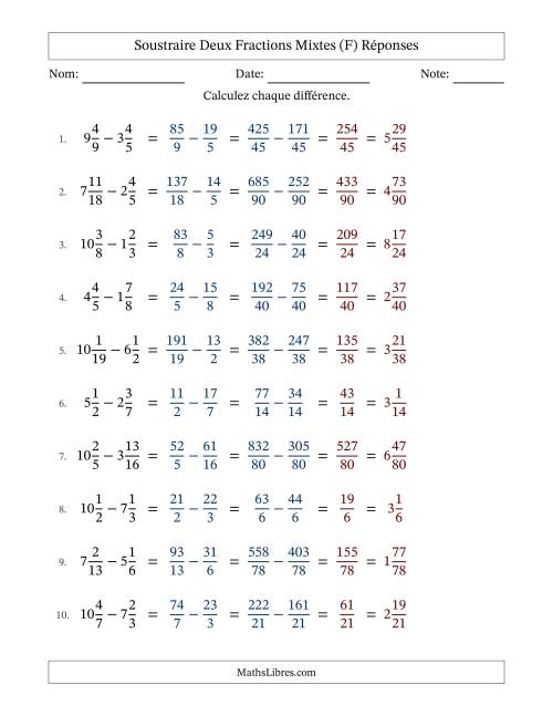 Soustraire deux fractions mixtes avec des dénominateurs différents, résultats en fractions mixtes, et sans simplification (F) page 2