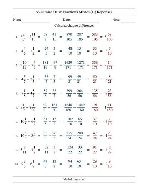 Soustraire deux fractions mixtes avec des dénominateurs différents, résultats en fractions mixtes, et sans simplification (G) page 2