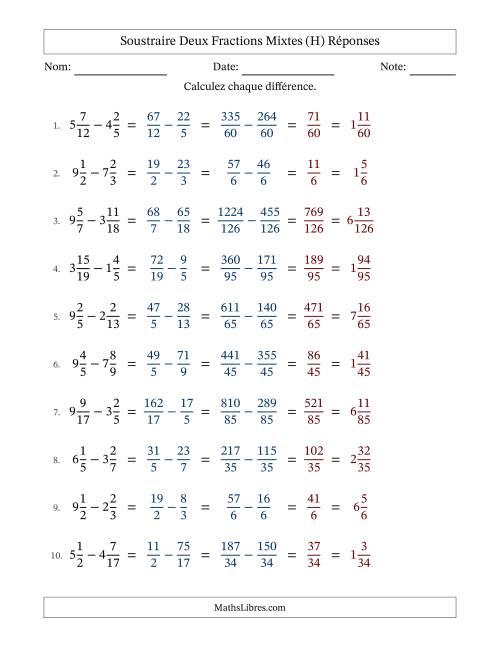 Soustraire deux fractions mixtes avec des dénominateurs différents, résultats en fractions mixtes, et sans simplification (H) page 2