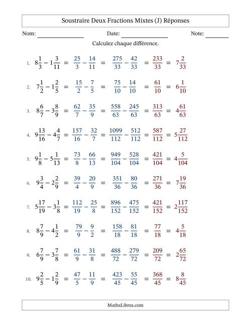 Soustraire deux fractions mixtes avec des dénominateurs différents, résultats en fractions mixtes, et sans simplification (J) page 2