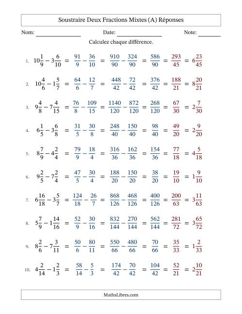 Soustraire deux fractions mixtes avec des dénominateurs différents, résultats en fractions mixtes, et avec simplification dans tous les problèmes (A) page 2