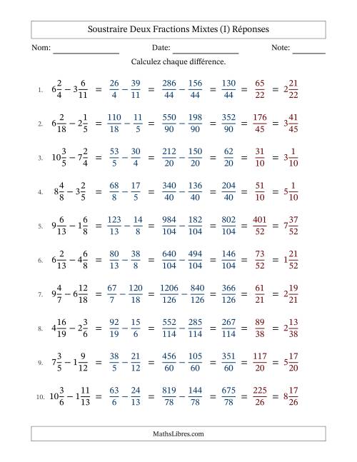 Soustraire deux fractions mixtes avec des dénominateurs différents, résultats en fractions mixtes, et avec simplification dans tous les problèmes (I) page 2