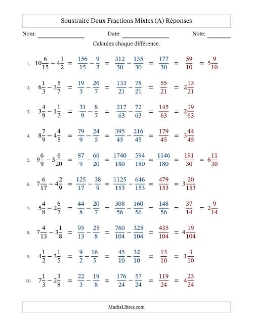 Soustraire deux fractions mixtes avec des dénominateurs différents, résultats en fractions mixtes, et avec simplification dans quelques problèmes (A) page 2