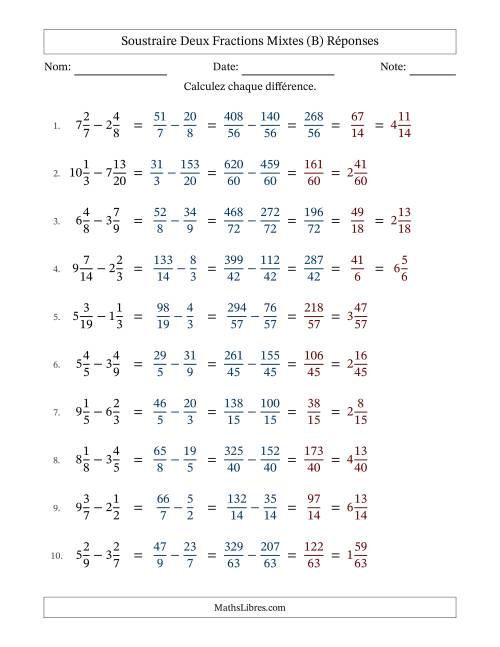Soustraire deux fractions mixtes avec des dénominateurs différents, résultats en fractions mixtes, et avec simplification dans quelques problèmes (B) page 2