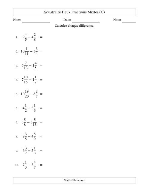 Soustraire deux fractions mixtes avec des dénominateurs différents, résultats en fractions mixtes, et avec simplification dans quelques problèmes (C)