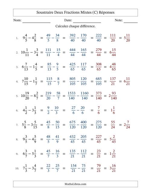 Soustraire deux fractions mixtes avec des dénominateurs différents, résultats en fractions mixtes, et avec simplification dans quelques problèmes (C) page 2