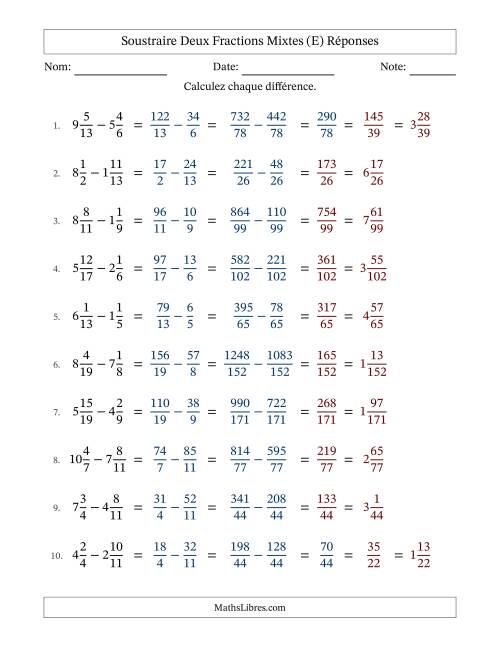 Soustraire deux fractions mixtes avec des dénominateurs différents, résultats en fractions mixtes, et avec simplification dans quelques problèmes (E) page 2