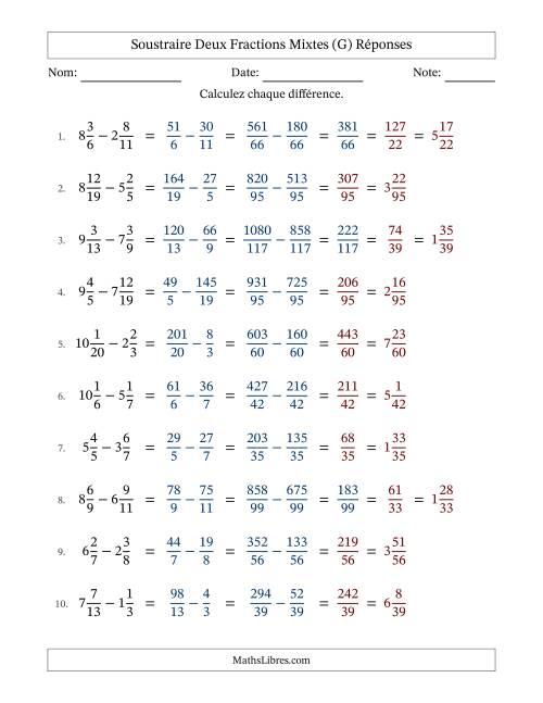 Soustraire deux fractions mixtes avec des dénominateurs différents, résultats en fractions mixtes, et avec simplification dans quelques problèmes (G) page 2