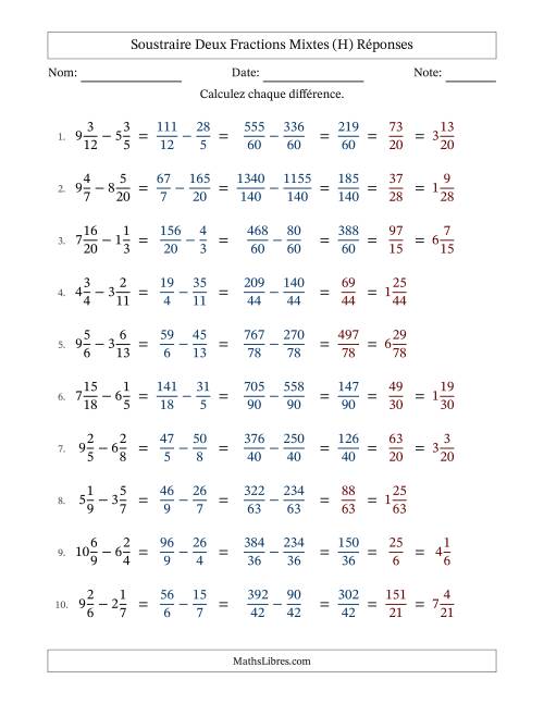 Soustraire deux fractions mixtes avec des dénominateurs différents, résultats en fractions mixtes, et avec simplification dans quelques problèmes (H) page 2