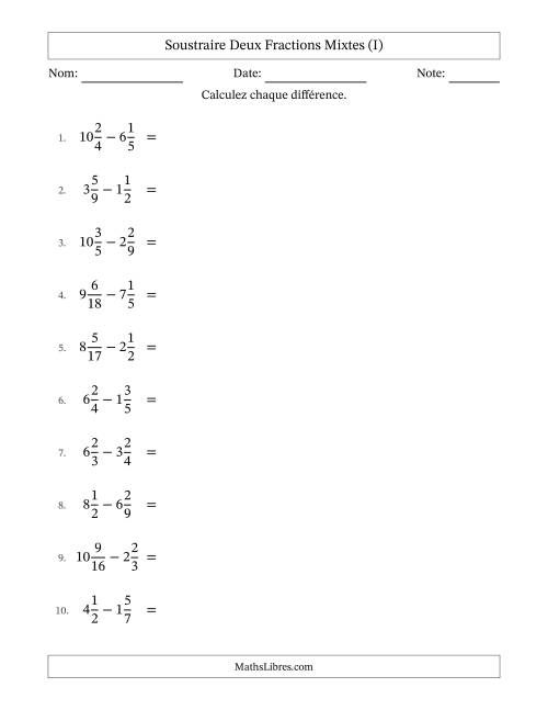 Soustraire deux fractions mixtes avec des dénominateurs différents, résultats en fractions mixtes, et avec simplification dans quelques problèmes (I)