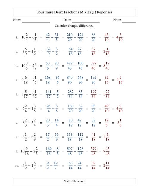 Soustraire deux fractions mixtes avec des dénominateurs différents, résultats en fractions mixtes, et avec simplification dans quelques problèmes (I) page 2