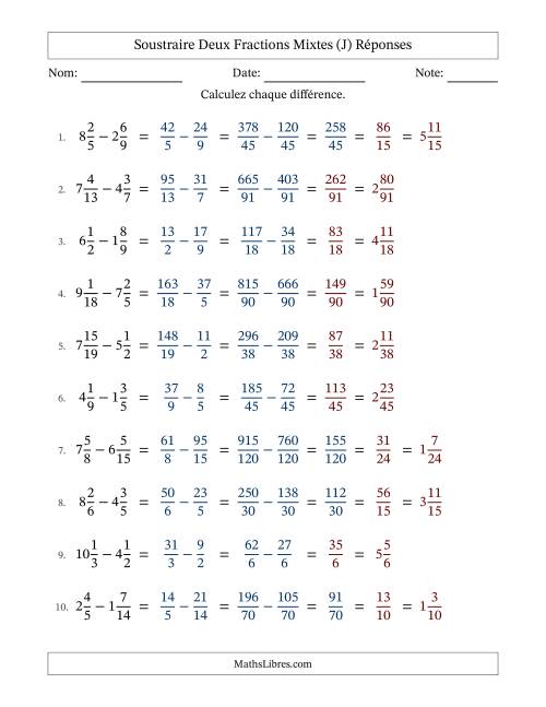 Soustraire deux fractions mixtes avec des dénominateurs différents, résultats en fractions mixtes, et avec simplification dans quelques problèmes (J) page 2