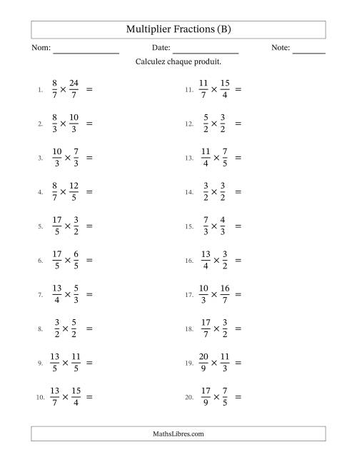 Multiplier deux fractions impropres, et sans simplification (B)