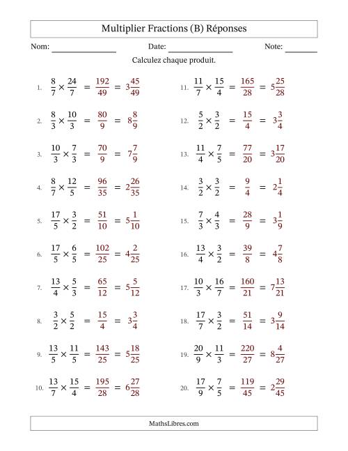 Multiplier deux fractions impropres, et sans simplification (B) page 2