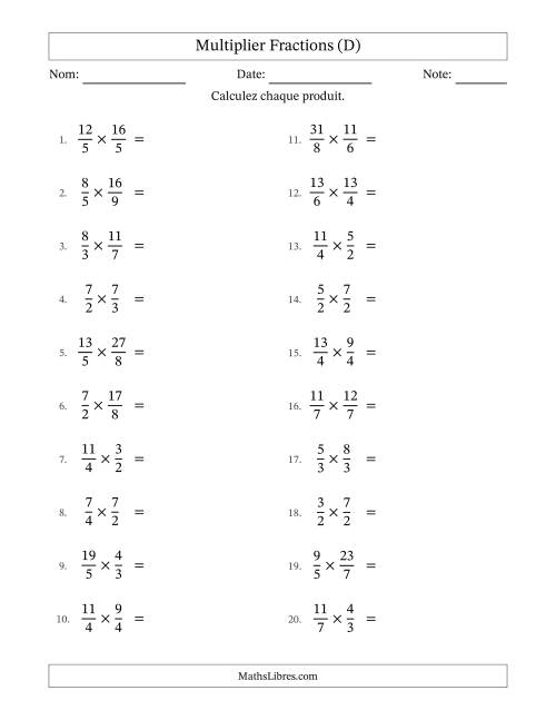 Multiplier deux fractions impropres, et sans simplification (D)