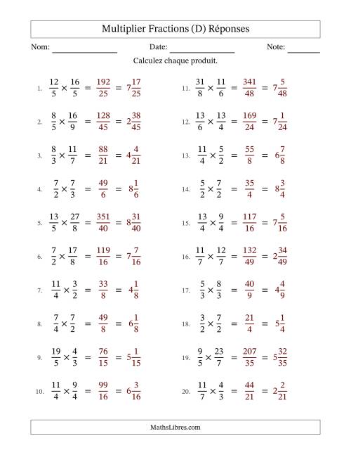 Multiplier deux fractions impropres, et sans simplification (D) page 2