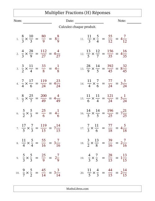 Multiplier deux fractions impropres, et sans simplification (H) page 2