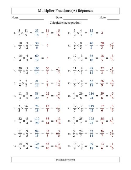 Multiplier deux fractions impropres, et avec simplification dans tous les problèmes (A) page 2