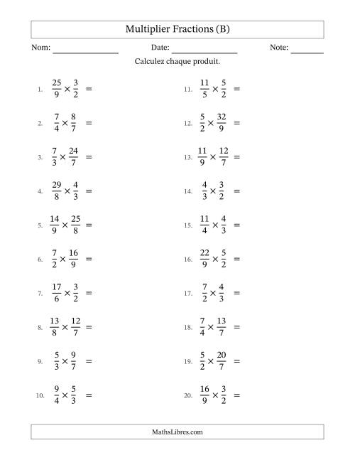 Multiplier deux fractions impropres, et avec simplification dans tous les problèmes (B)