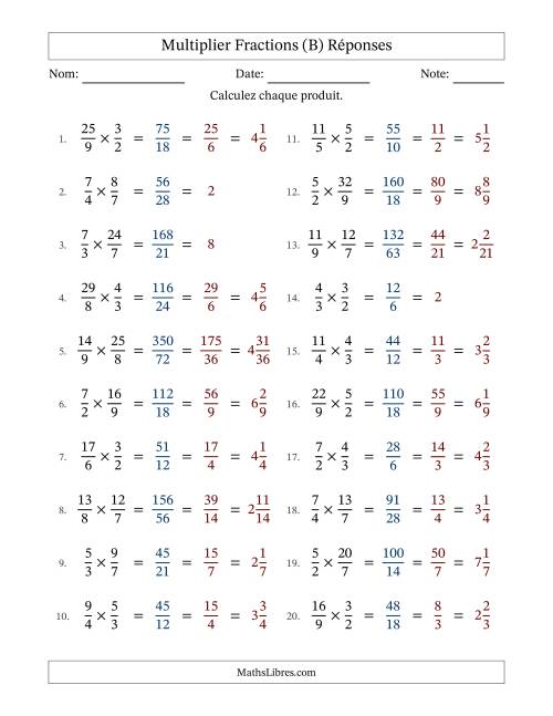 Multiplier deux fractions impropres, et avec simplification dans tous les problèmes (B) page 2
