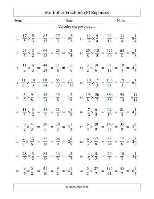 Multiplier deux fractions impropres, et avec simplification dans tous les problèmes (F) page 2