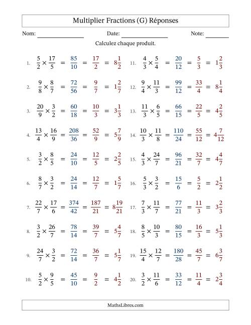 Multiplier deux fractions impropres, et avec simplification dans tous les problèmes (G) page 2