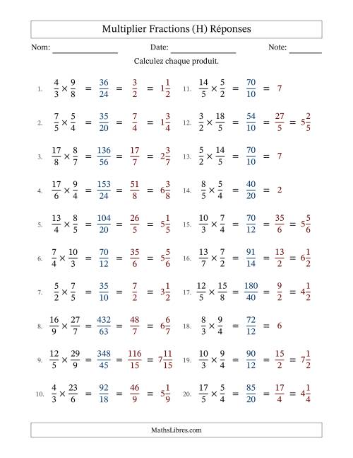 Multiplier deux fractions impropres, et avec simplification dans tous les problèmes (H) page 2
