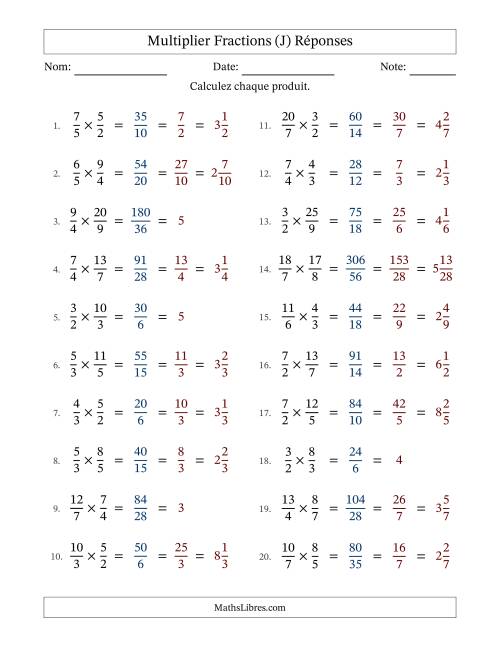 Multiplier deux fractions impropres, et avec simplification dans tous les problèmes (J) page 2