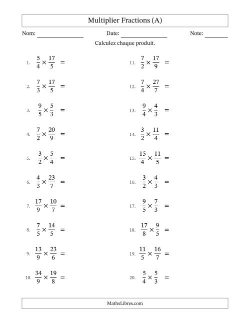 Multiplier deux fractions impropres, et avec simplification dans quelques problèmes (A)